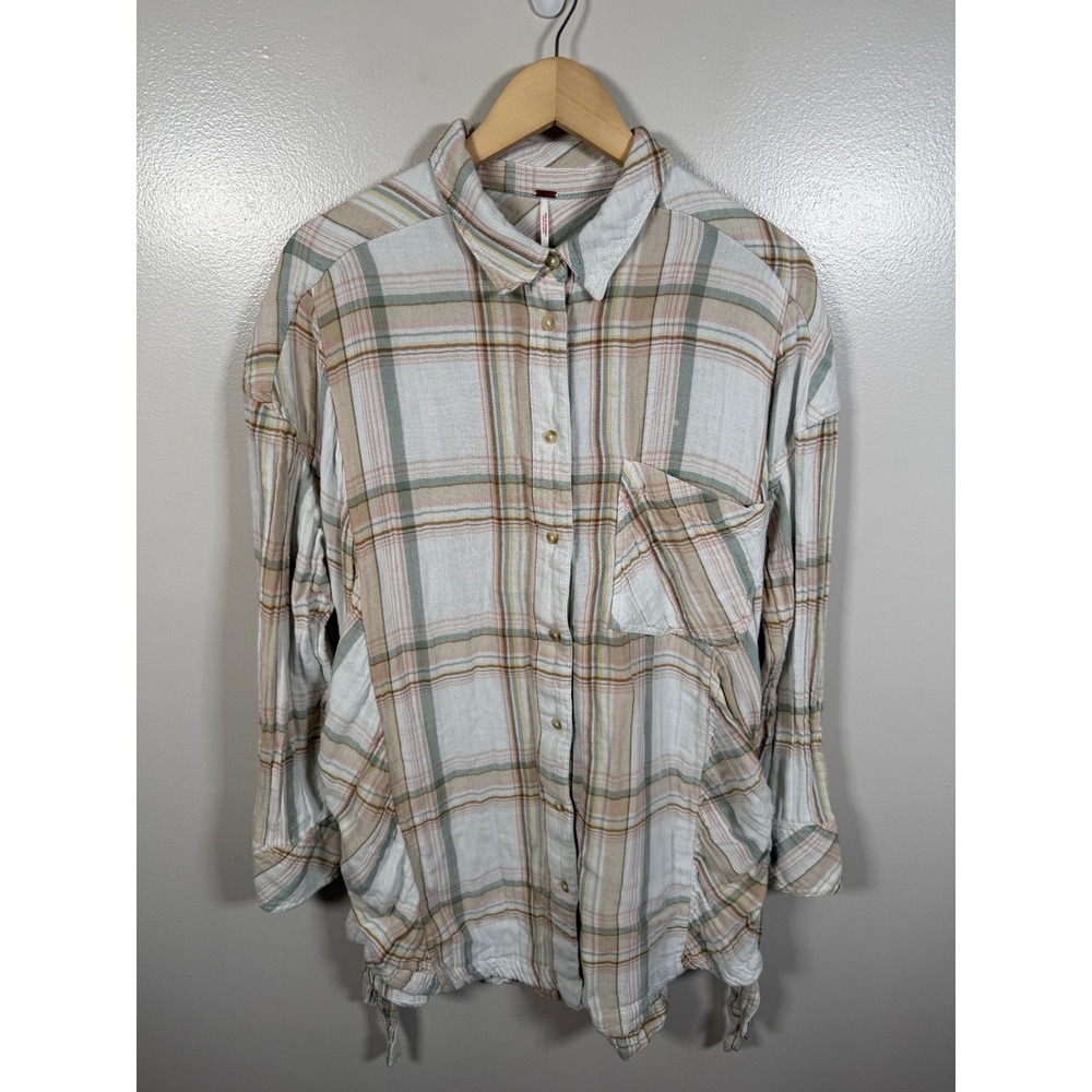 Free People Nordic Day Plaid Flannel Tunic Shirt Large Multicolor Braided Side
